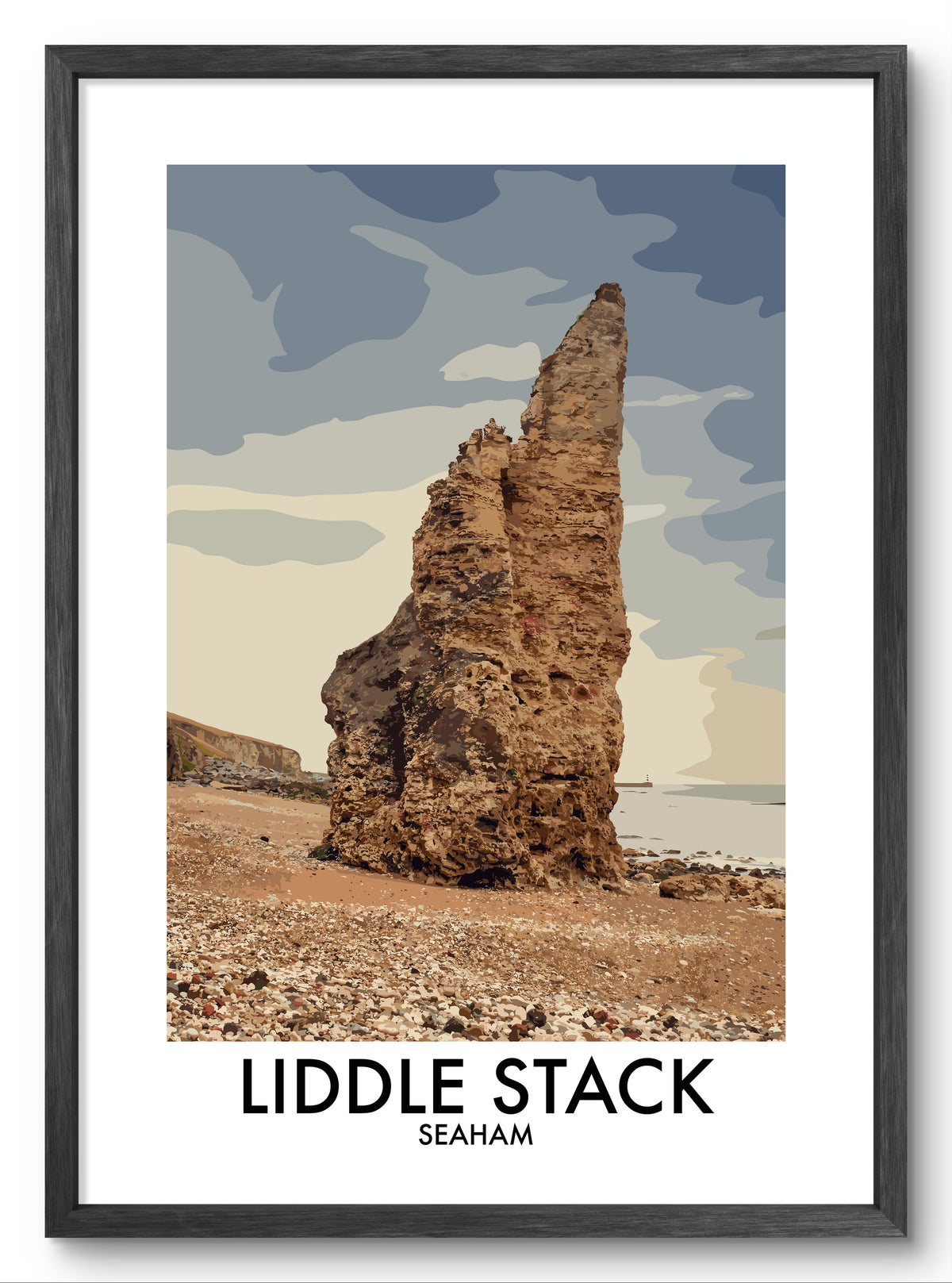 Liddle Stack Seaham Coast vector art print shown in a black frame
