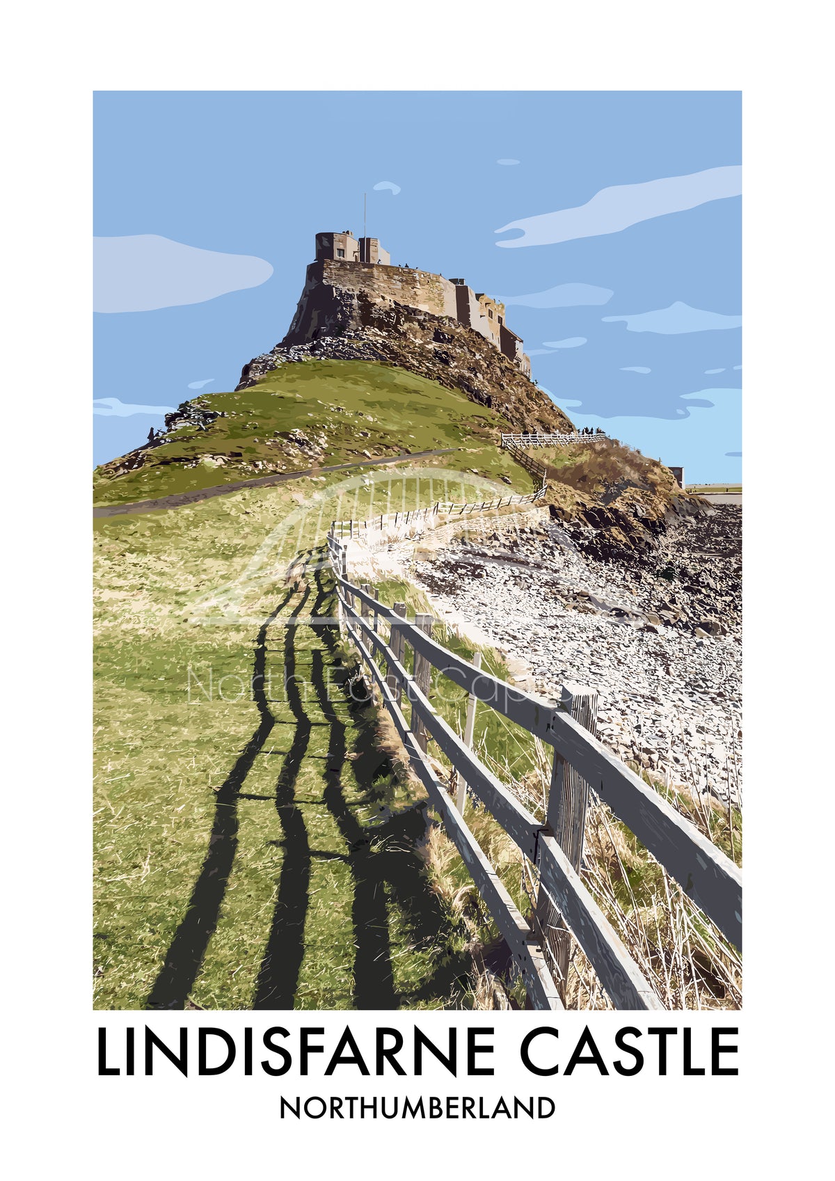 Lindisfarne Castle Fence and Shadows vector artwork with landmark lettering and preview watermark
