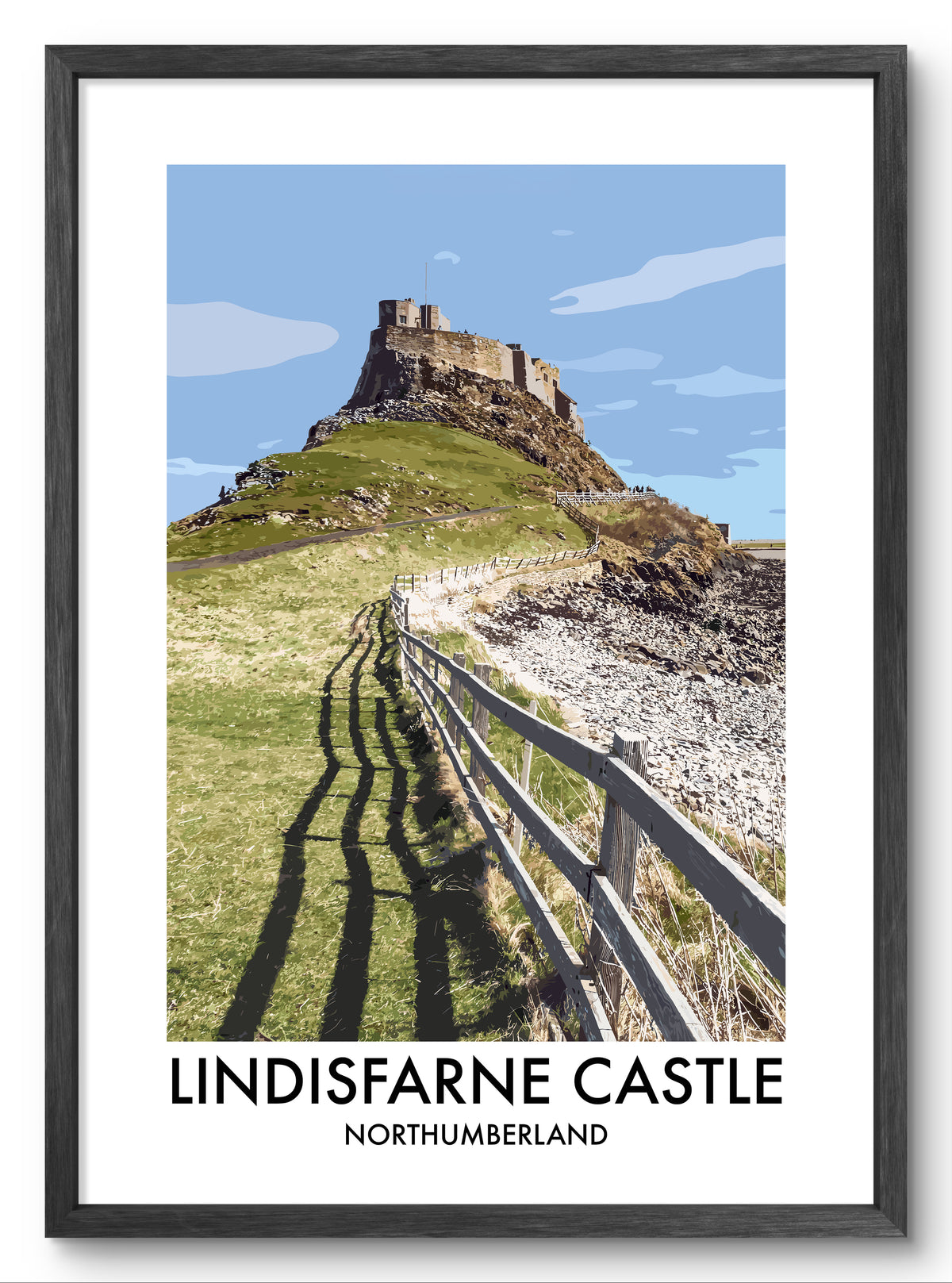 Lindisfarne Castle Fence and Shadows vector art print shown in a black frame
