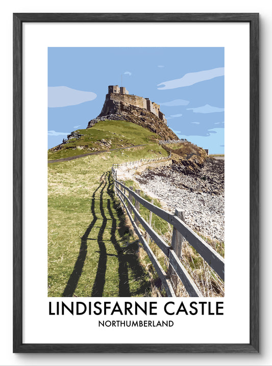 Lindisfarne Castle Fence and Shadows vector art print shown in a black frame