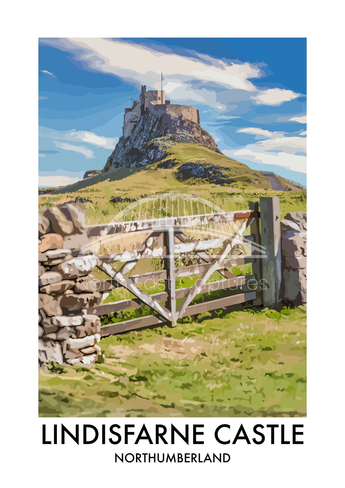 Lindisfarne Castle Gate View vector artwork with landmark lettering and preview watermark