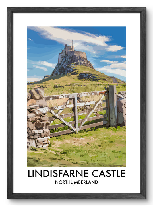 Lindisfarne Castle Gate View vector art print shown in a black frame