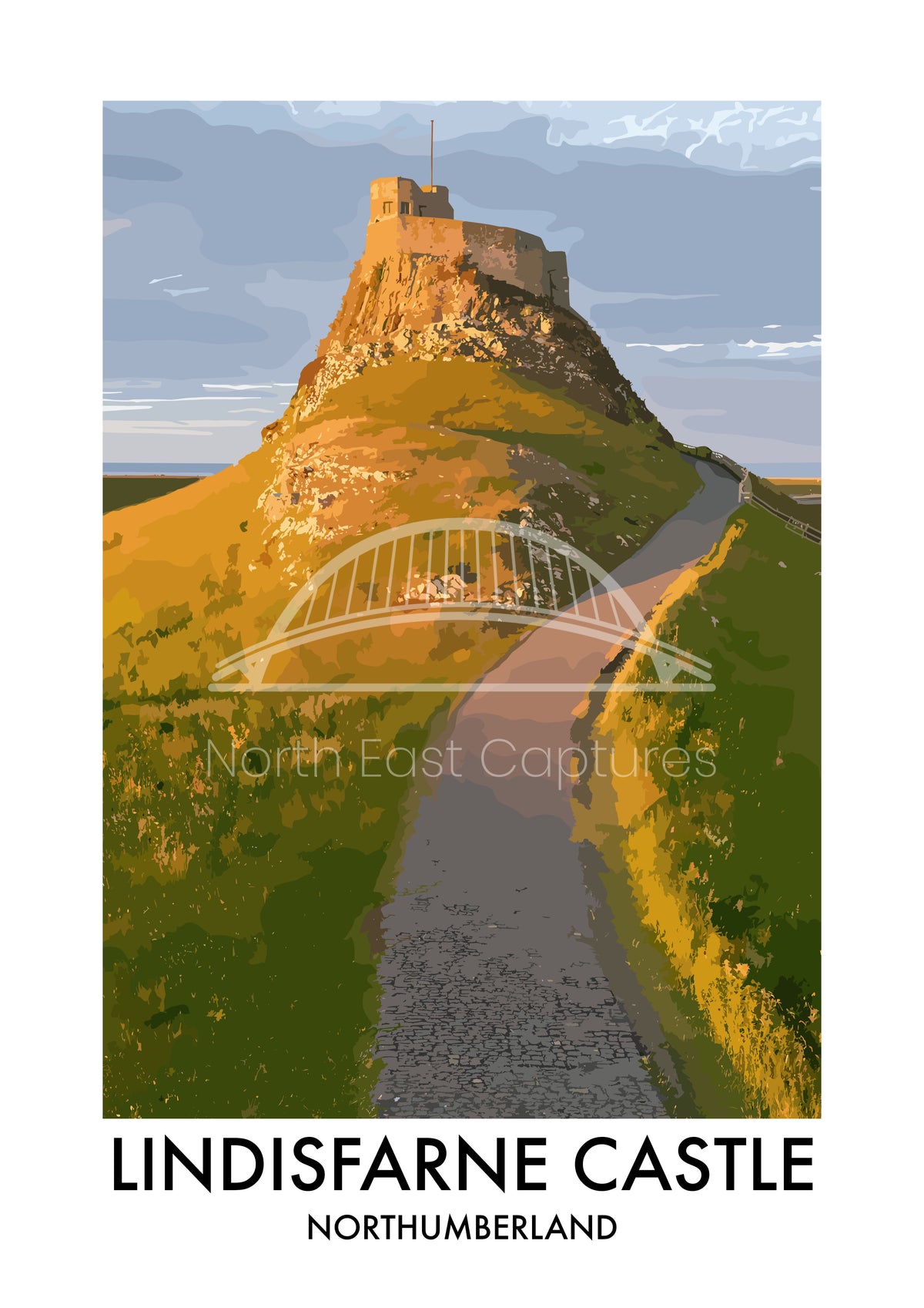 Lindisfarne Castle Golden Path vector artwork with landmark lettering and preview watermark