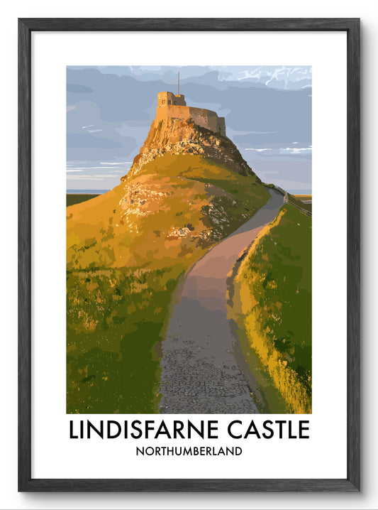 Lindisfarne Castle Golden Path vector art print shown in a black frame