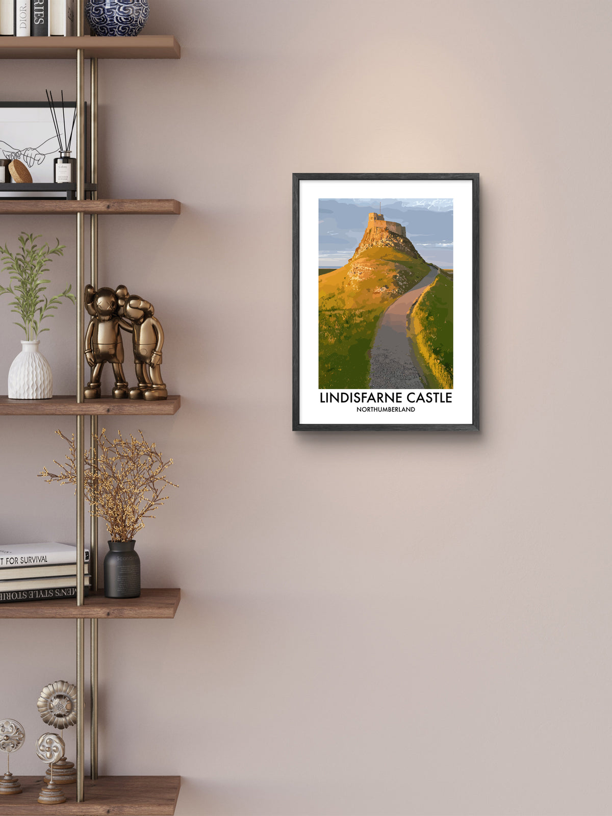 Lindisfarne Castle Golden Path framed vector art print displayed in a room setting