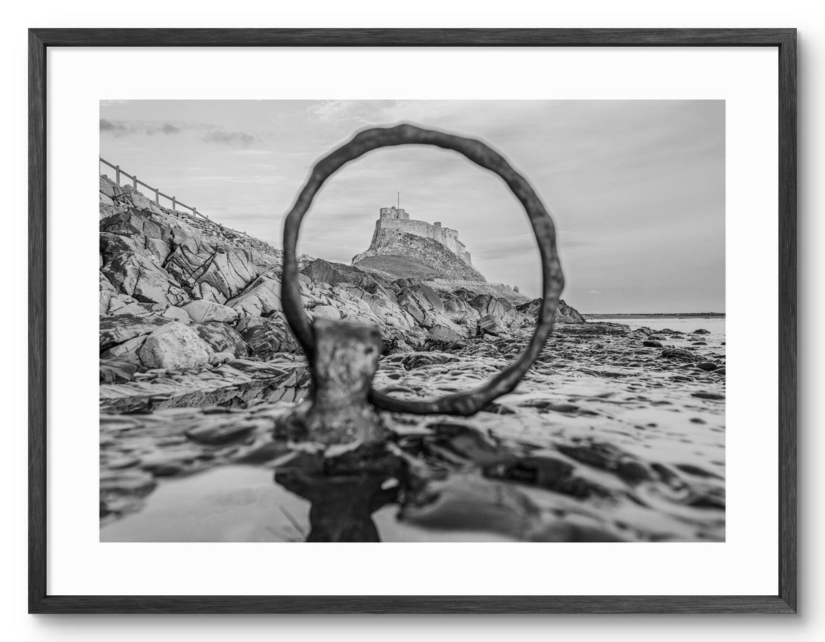 Lindisfarne Castle Mooring Ring Black & White — black frame with white mount