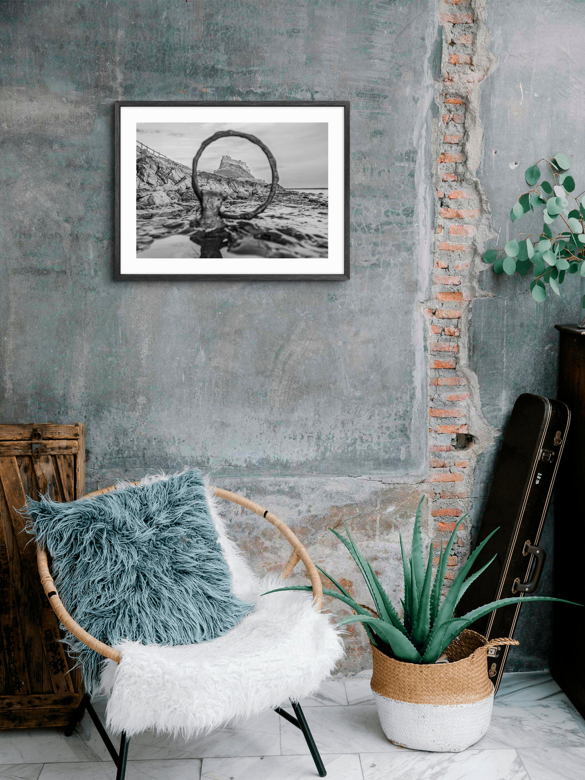 Lindisfarne Castle Mooring Ring Black & White — framed artwork shown in a room