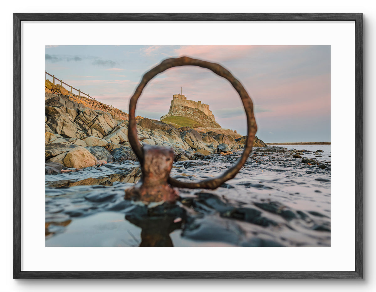 Lindisfarne Castle Mooring Ring Landscape — black frame with white mount