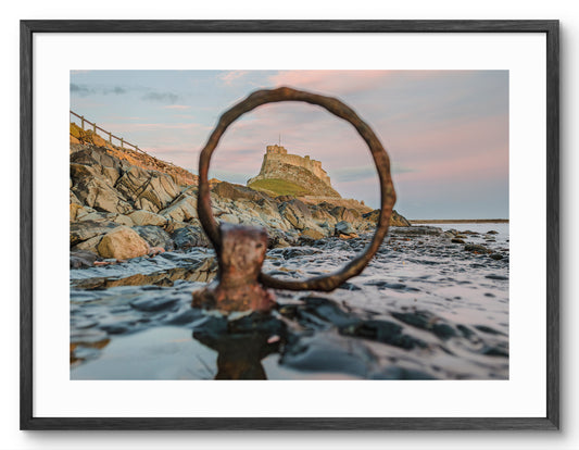 Lindisfarne Castle Mooring Ring Landscape — black frame with white mount