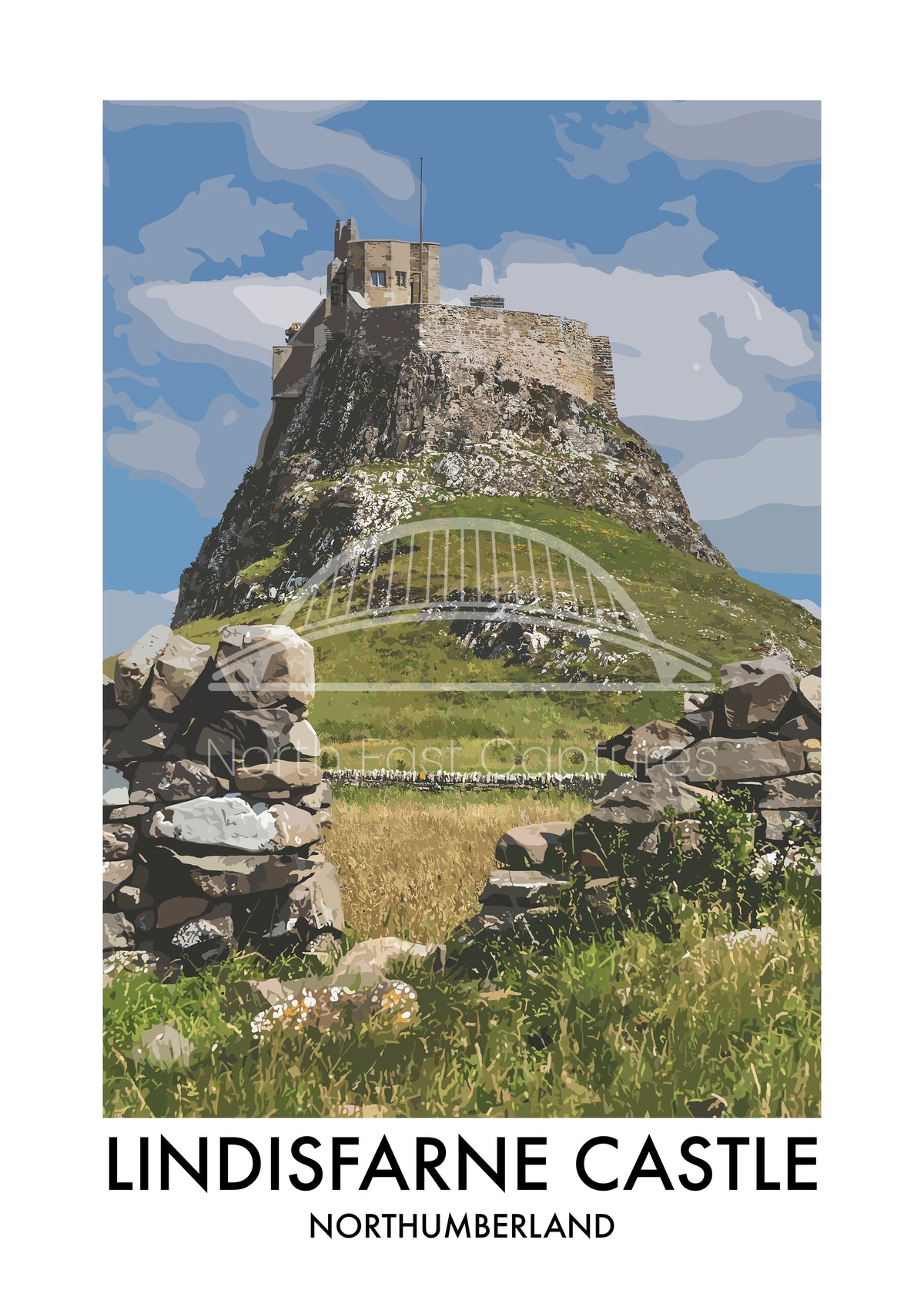 Lindisfarne Castle Stone Wall View vector artwork with landmark lettering and preview watermark