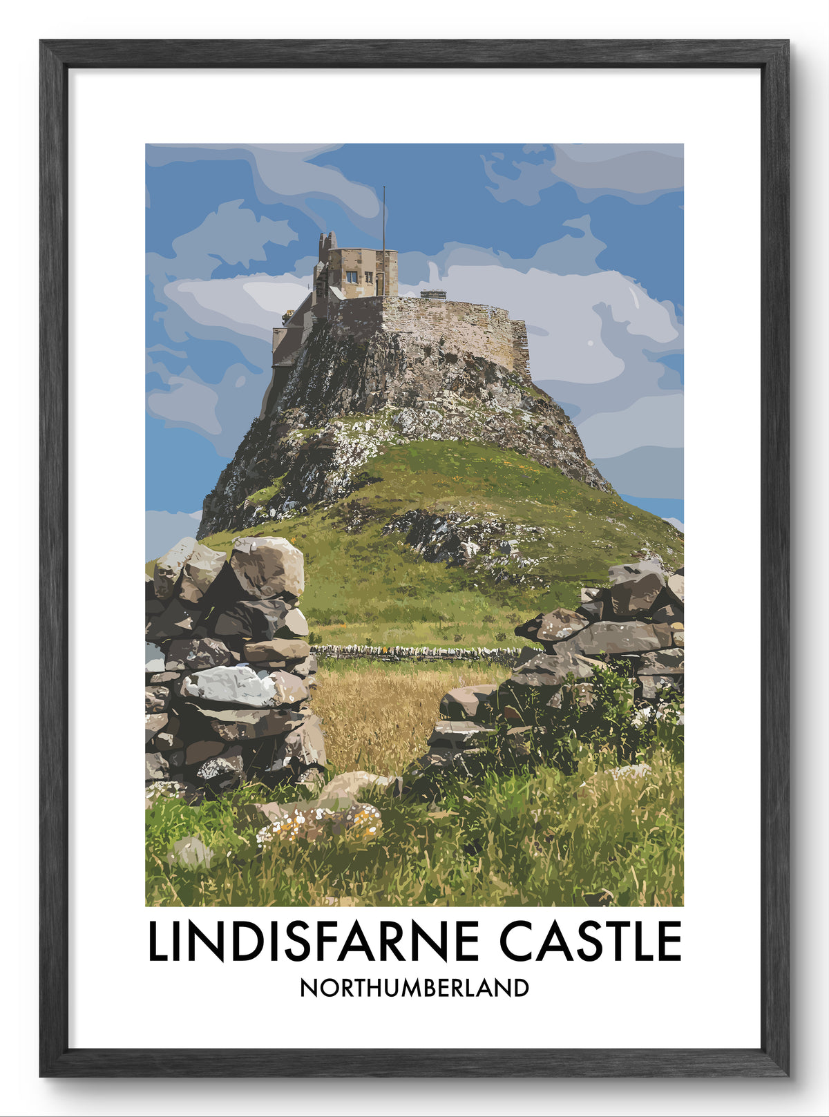 Lindisfarne Castle Stone Wall View vector art print shown in a black frame