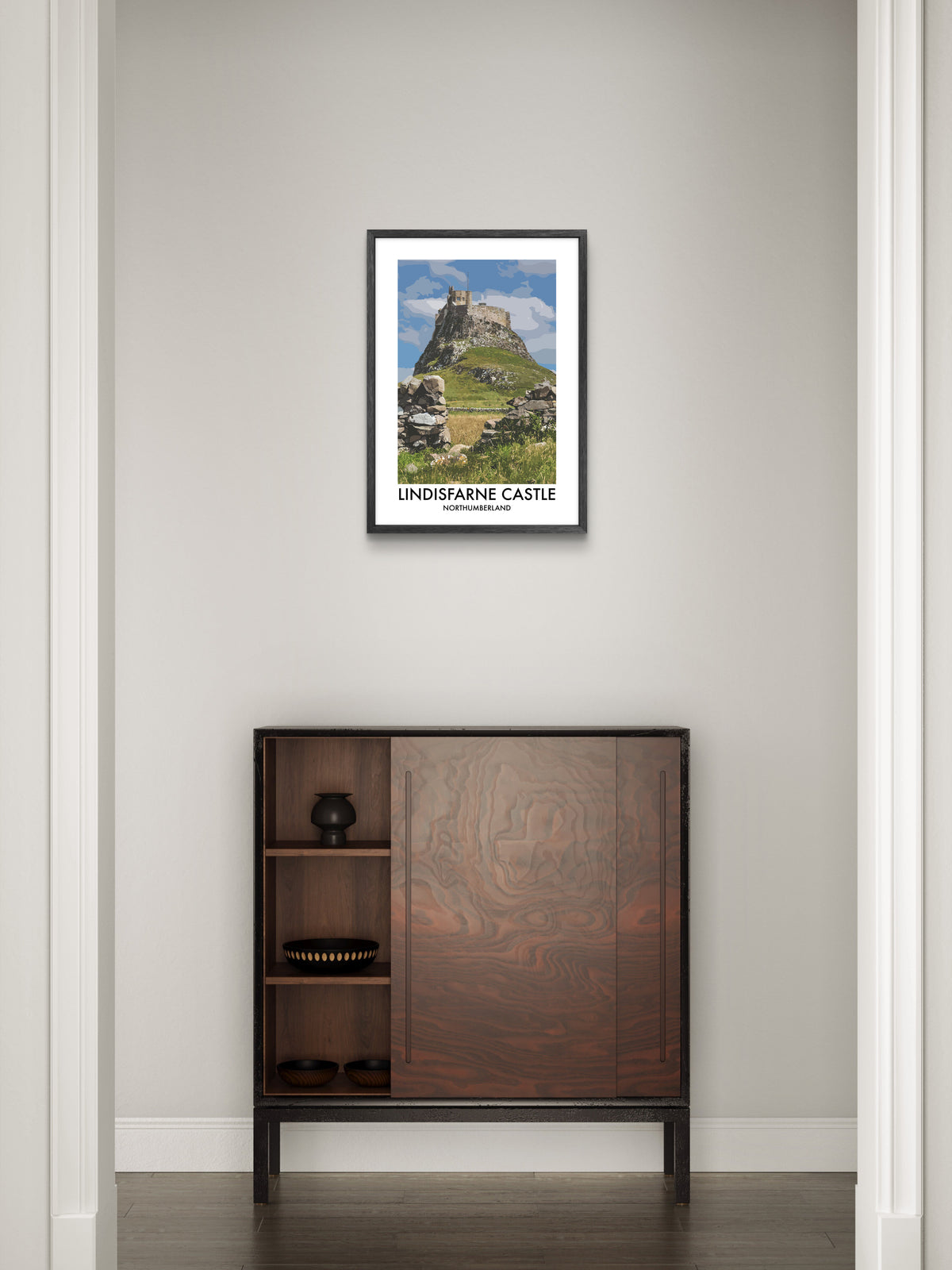 Lindisfarne Castle Stone Wall View framed vector art print displayed in a room setting