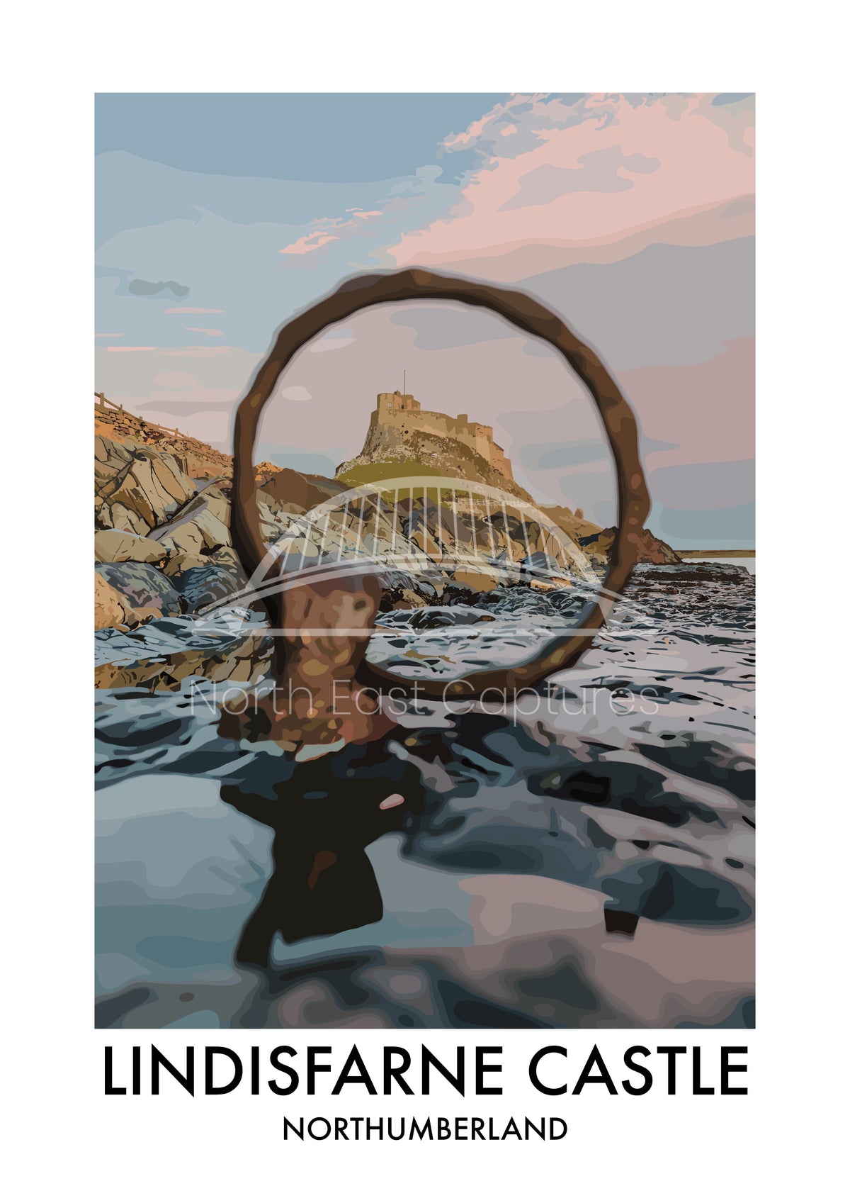 Lindisfarne Castle Through the Ring vector artwork with landmark lettering and preview watermark
