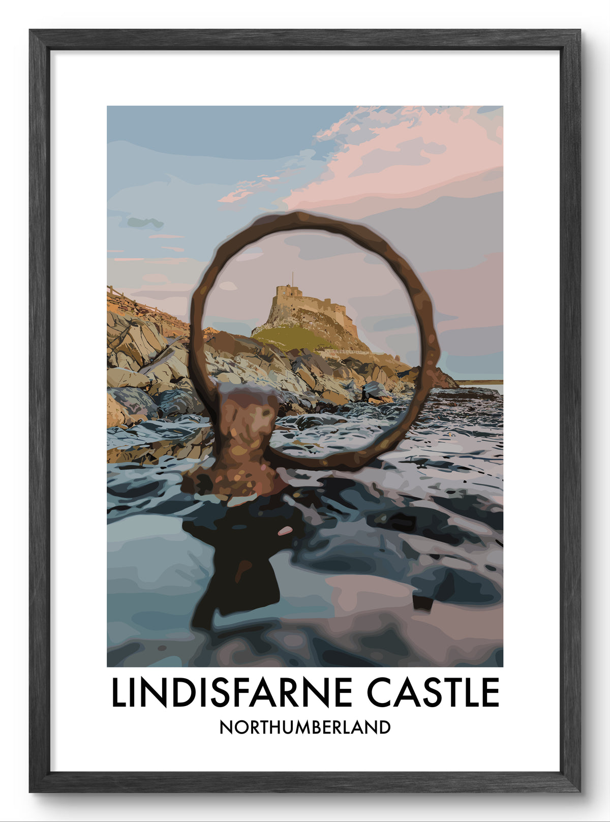 Lindisfarne Castle Through the Ring vector art print shown in a black frame