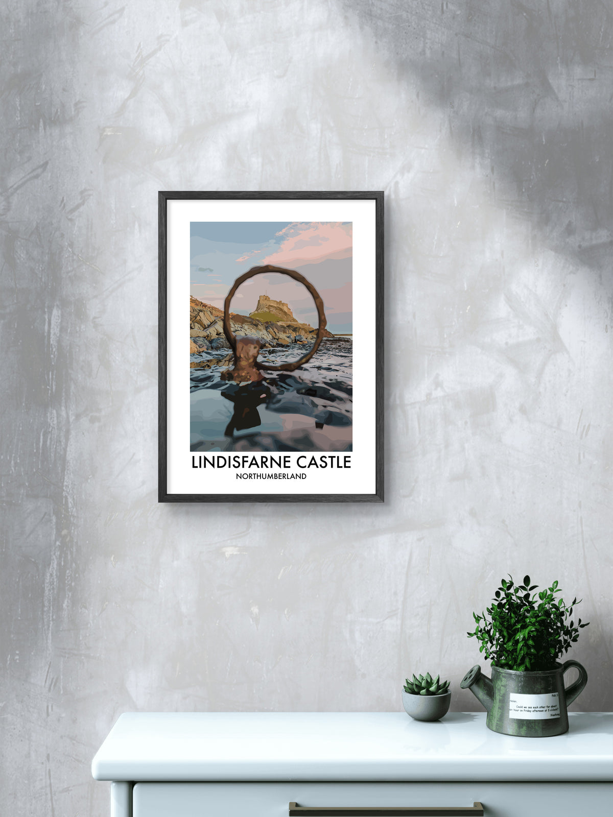 Lindisfarne Castle Through the Ring framed vector art print displayed in a room setting