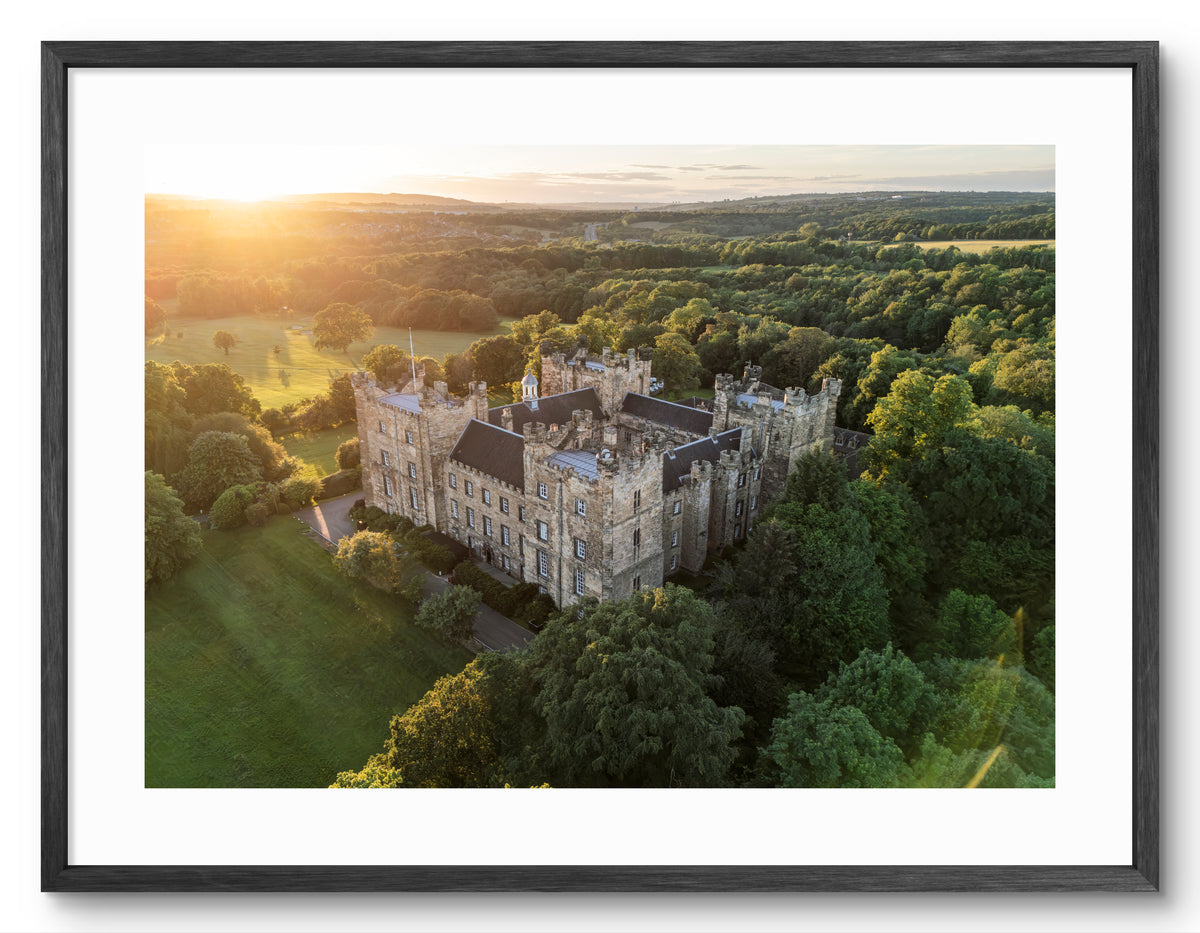 Lumley Castle Aerial Sunset — black frame with white mount