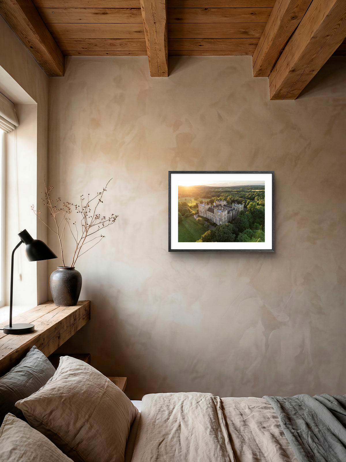 Lumley Castle Aerial Sunset — framed artwork shown in a room