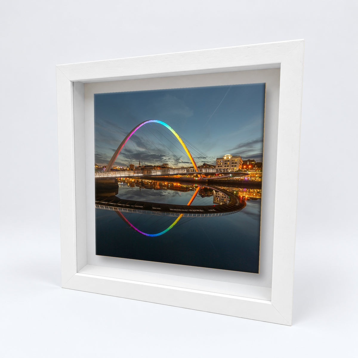 Millennium Bridge at Night on an 8×8 inch ceramic tile in a white box frame, angled view