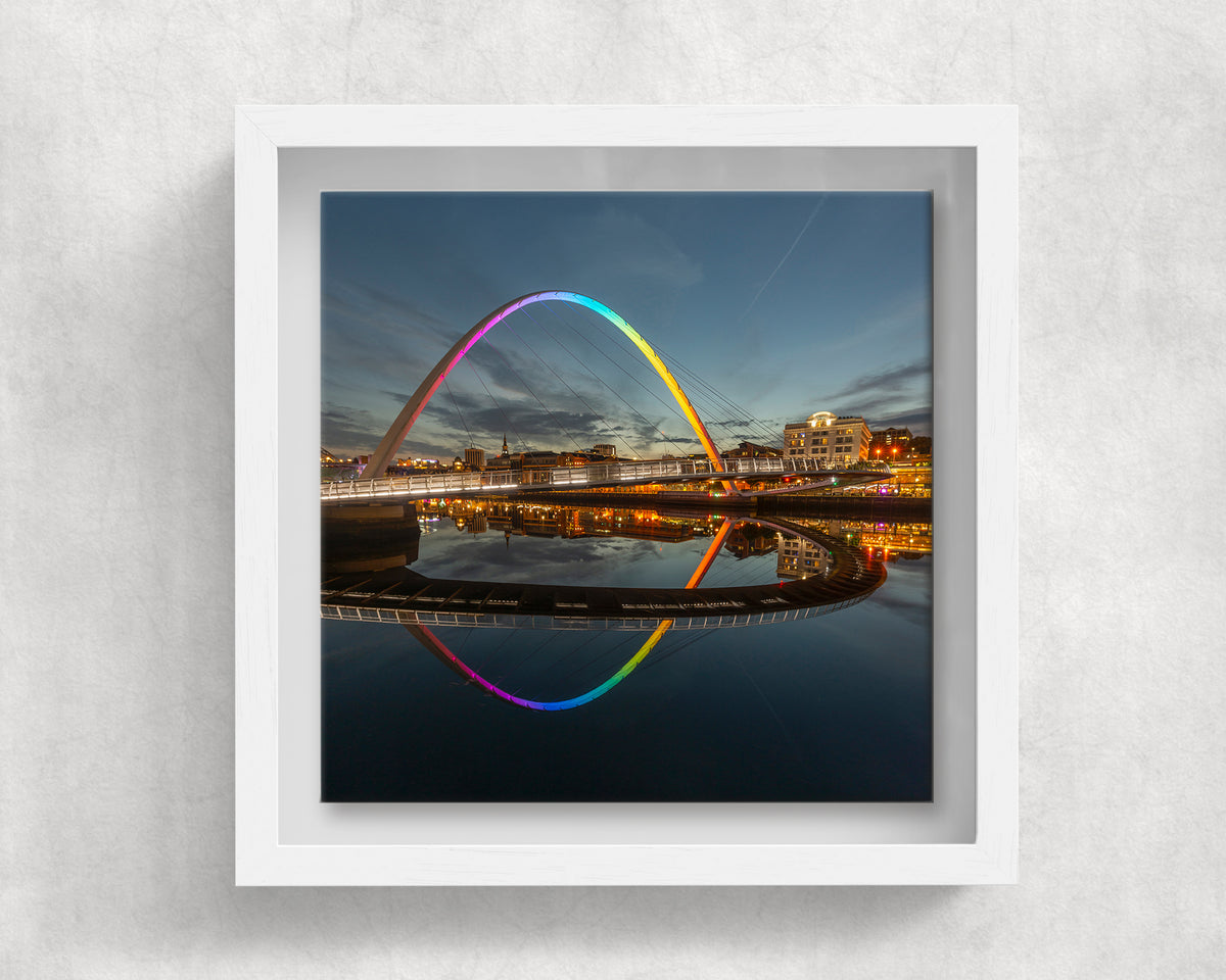 Millennium Bridge at Night on an 8×8 inch ceramic tile in a white box frame, front view