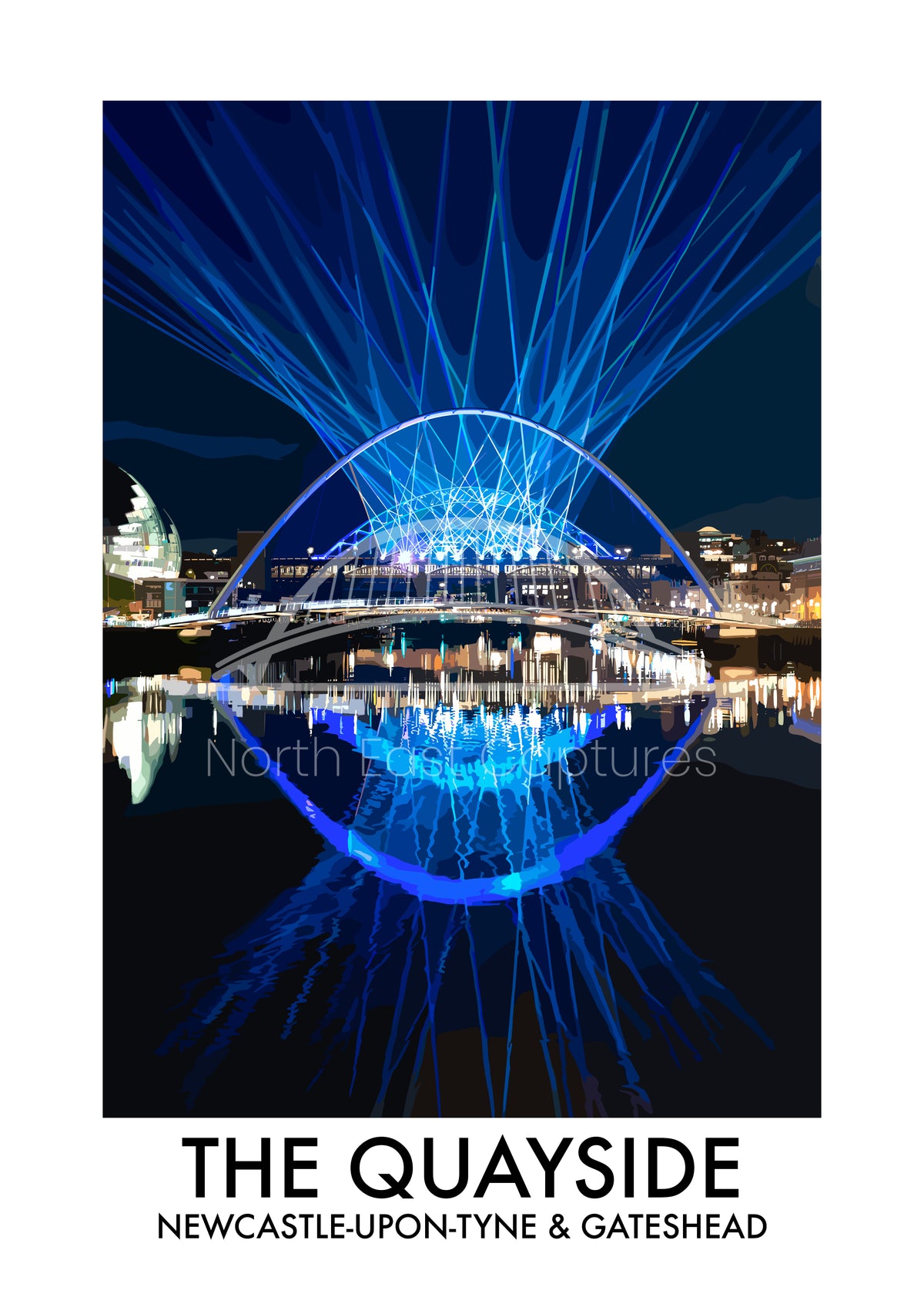 Newcastle Gateshead Quayside Blue Lights vector artwork with landmark lettering and preview watermark