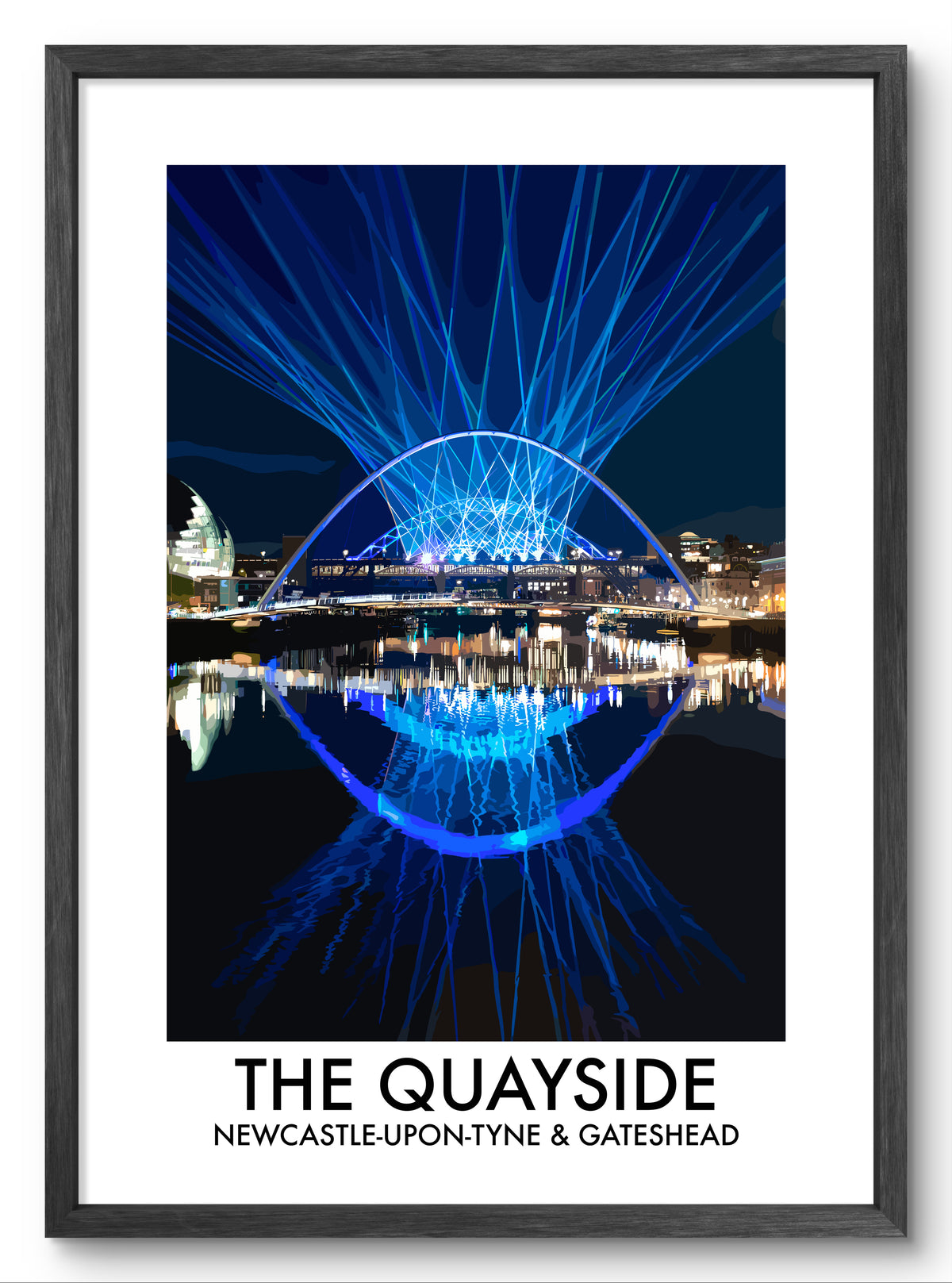 Newcastle Gateshead Quayside Blue Lights vector art print shown in a black frame