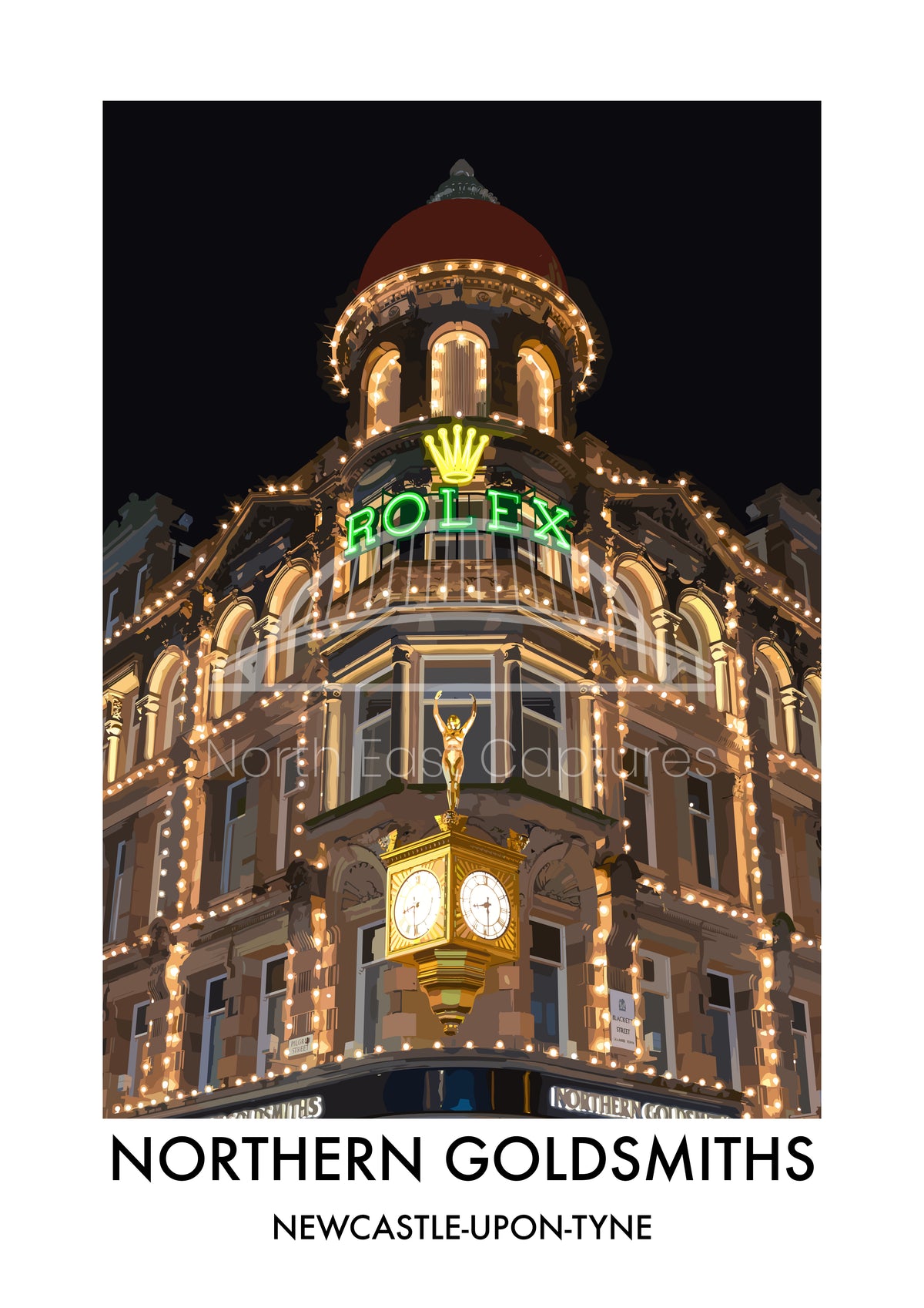Northern Goldsmiths Newcastle at Night vector artwork with landmark lettering and preview watermark