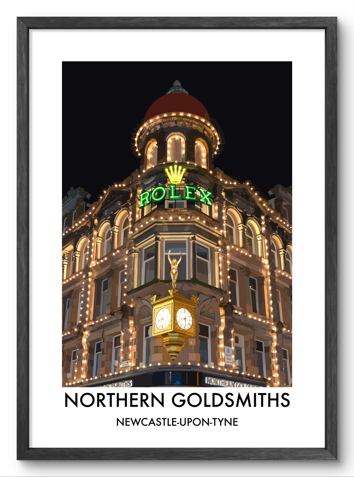 Northern Goldsmiths Newcastle at Night vector art print shown in a black frame