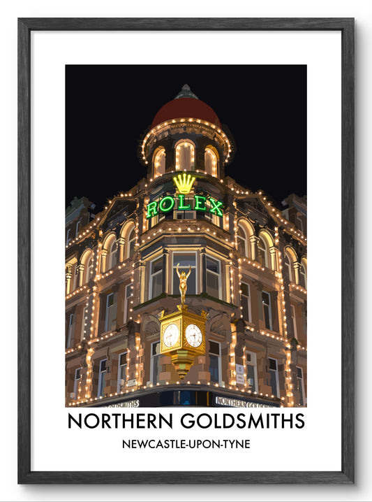 Northern Goldsmiths Newcastle at Night vector art print shown in a black frame
