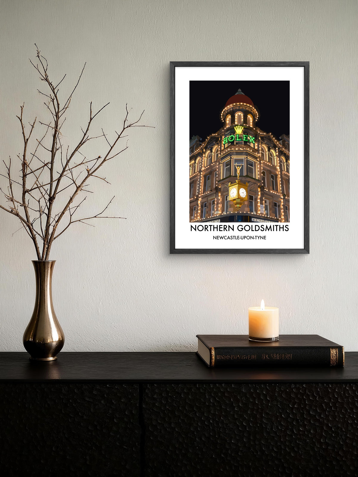 Northern Goldsmiths Newcastle at Night framed vector art print displayed in a room setting