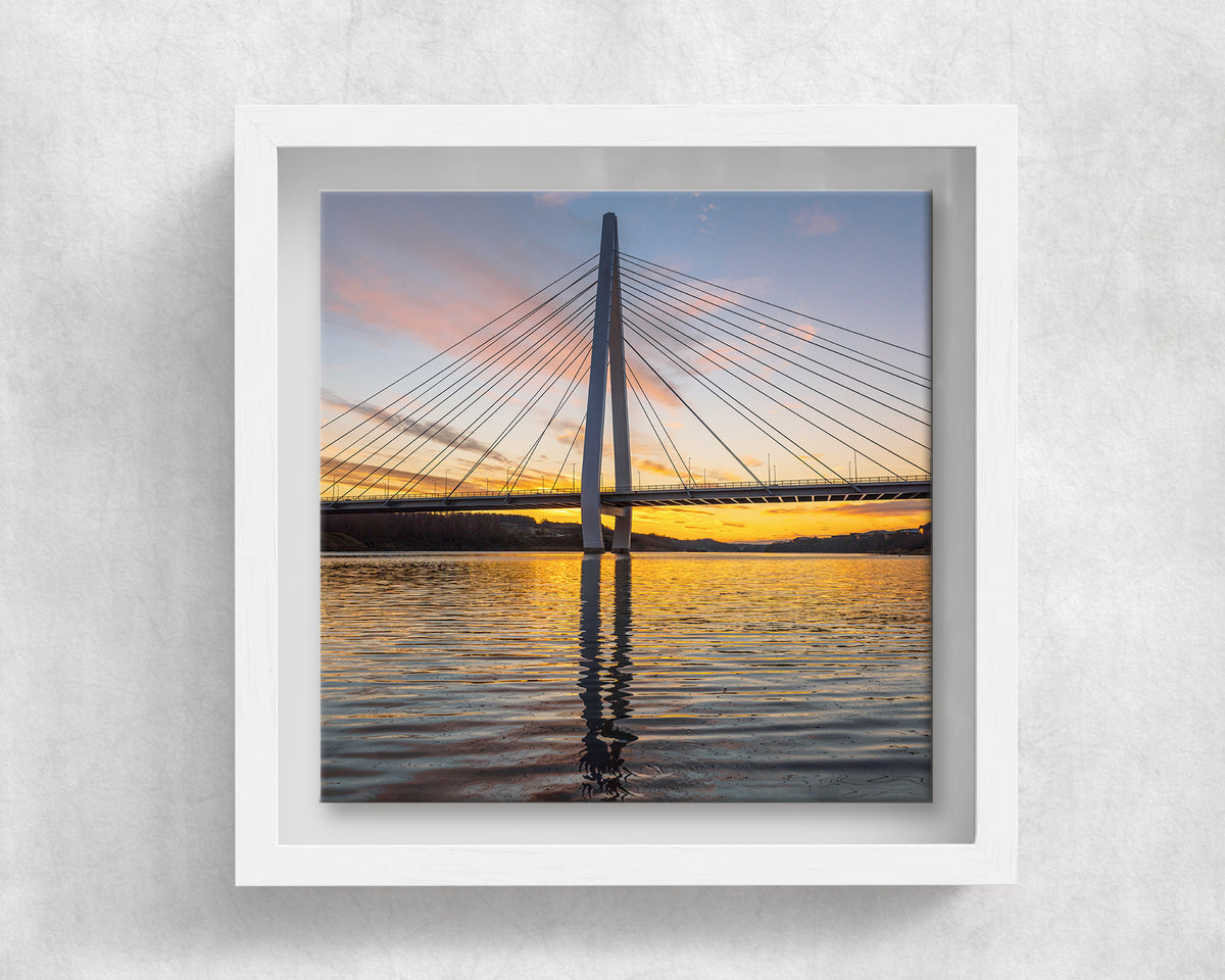 Northern Spire Sunset on an 8×8 inch ceramic tile in a white box frame, front view