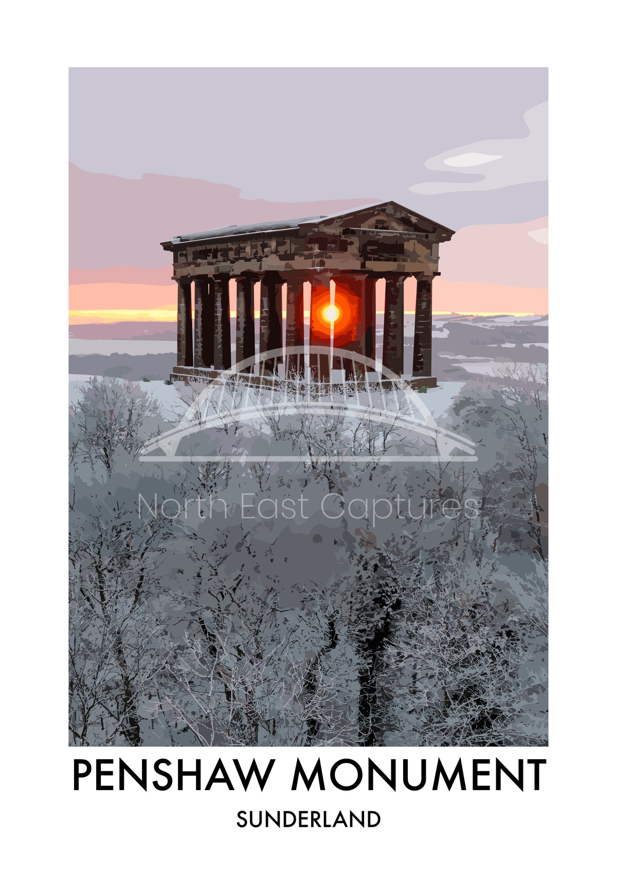 Penshaw Monument Frost and Sun vector artwork with landmark lettering and preview watermark