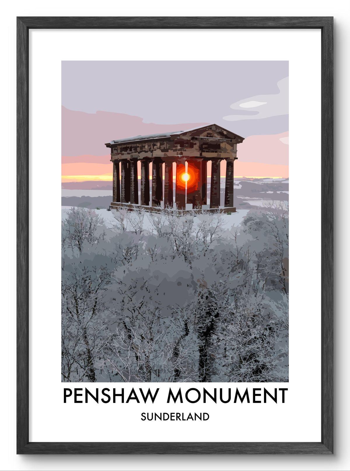 Penshaw Monument Frost and Sun vector art print shown in a black frame