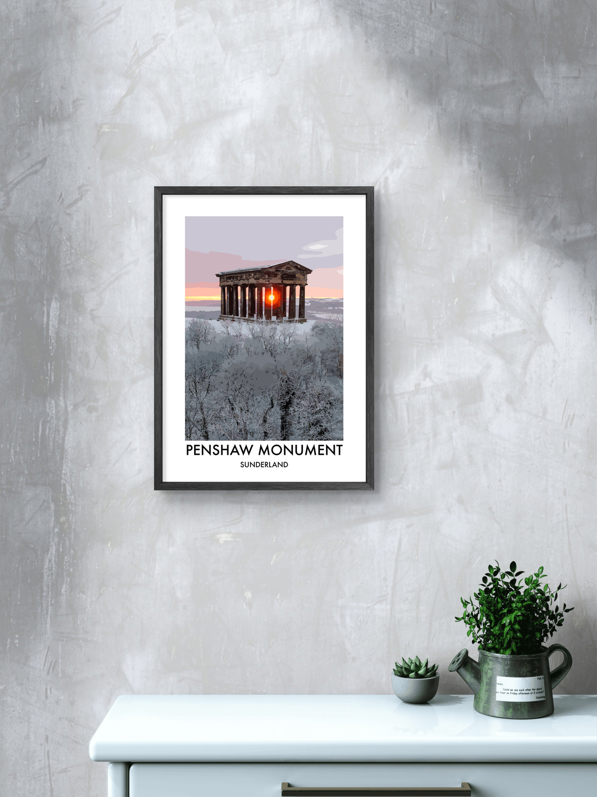 Penshaw Monument Frost and Sun framed vector art print displayed in a room setting