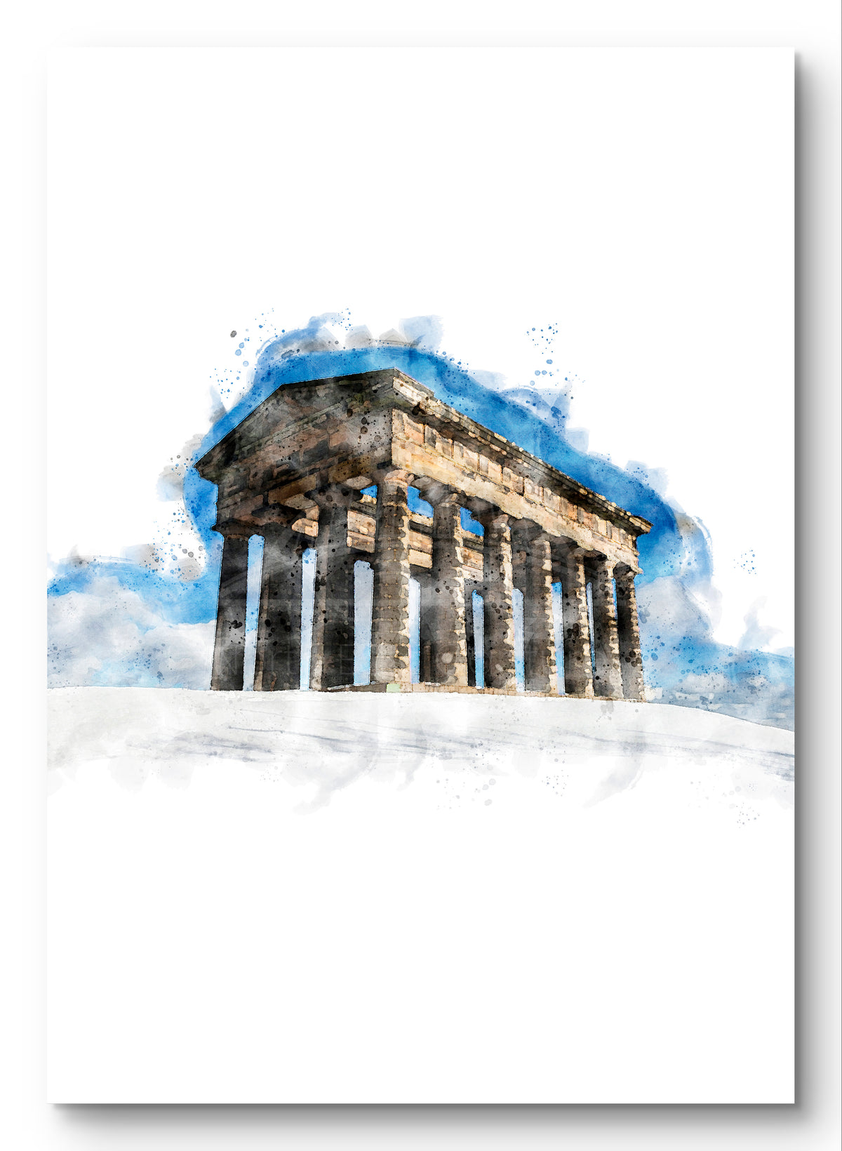 Penshaw Monument in Snow, portrait digital watercolour artwork preview