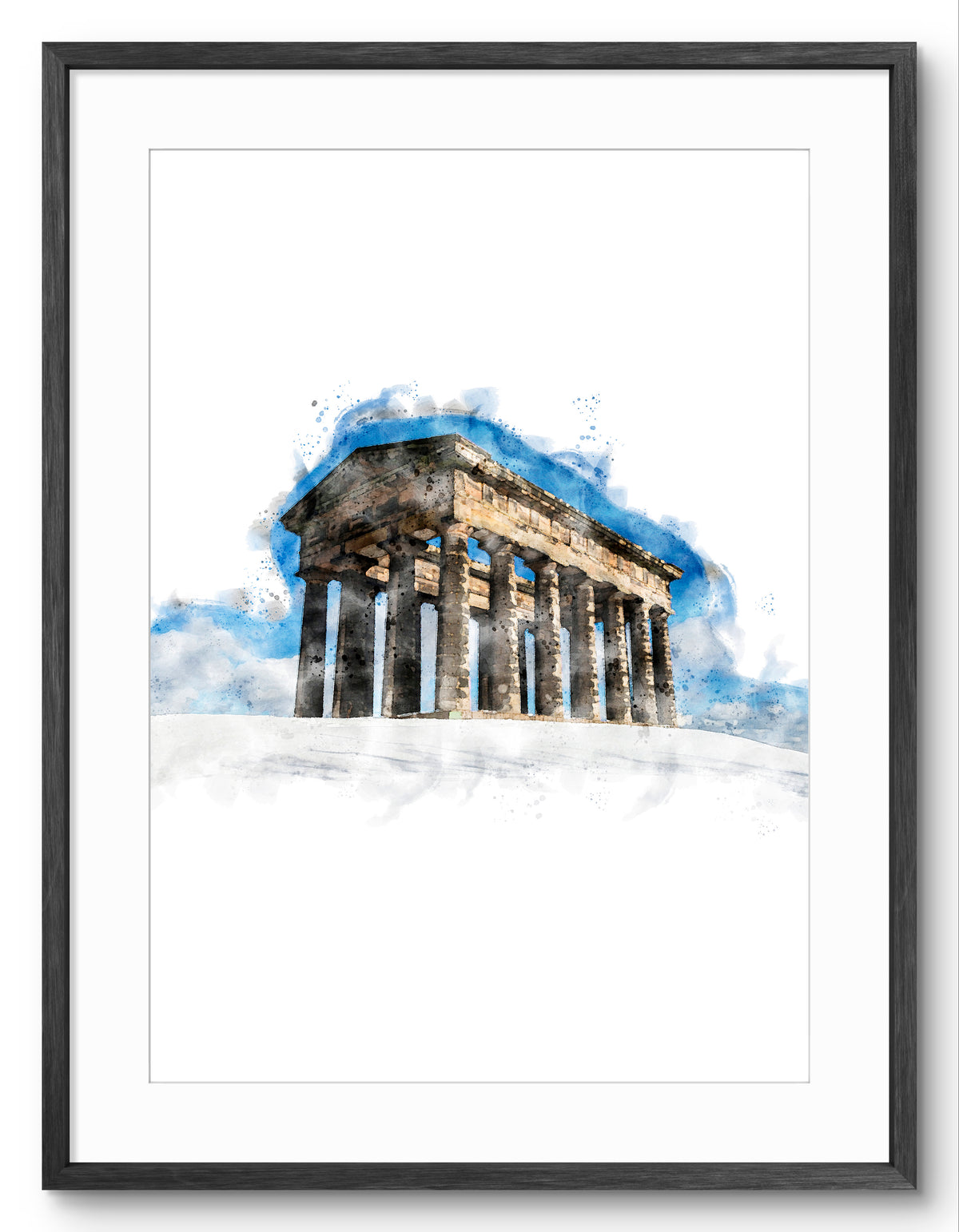 Penshaw Monument in Snow, portrait digital watercolour shown in a black frame and white mount