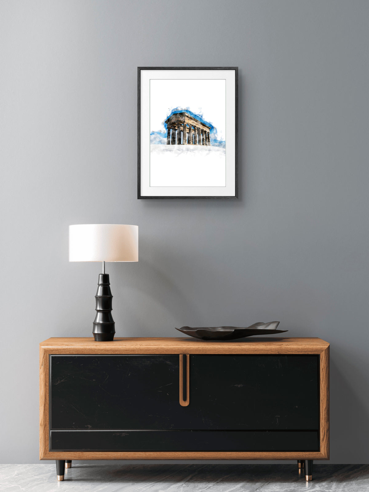 Penshaw Monument in Snow, portrait digital watercolour displayed in a room mockup