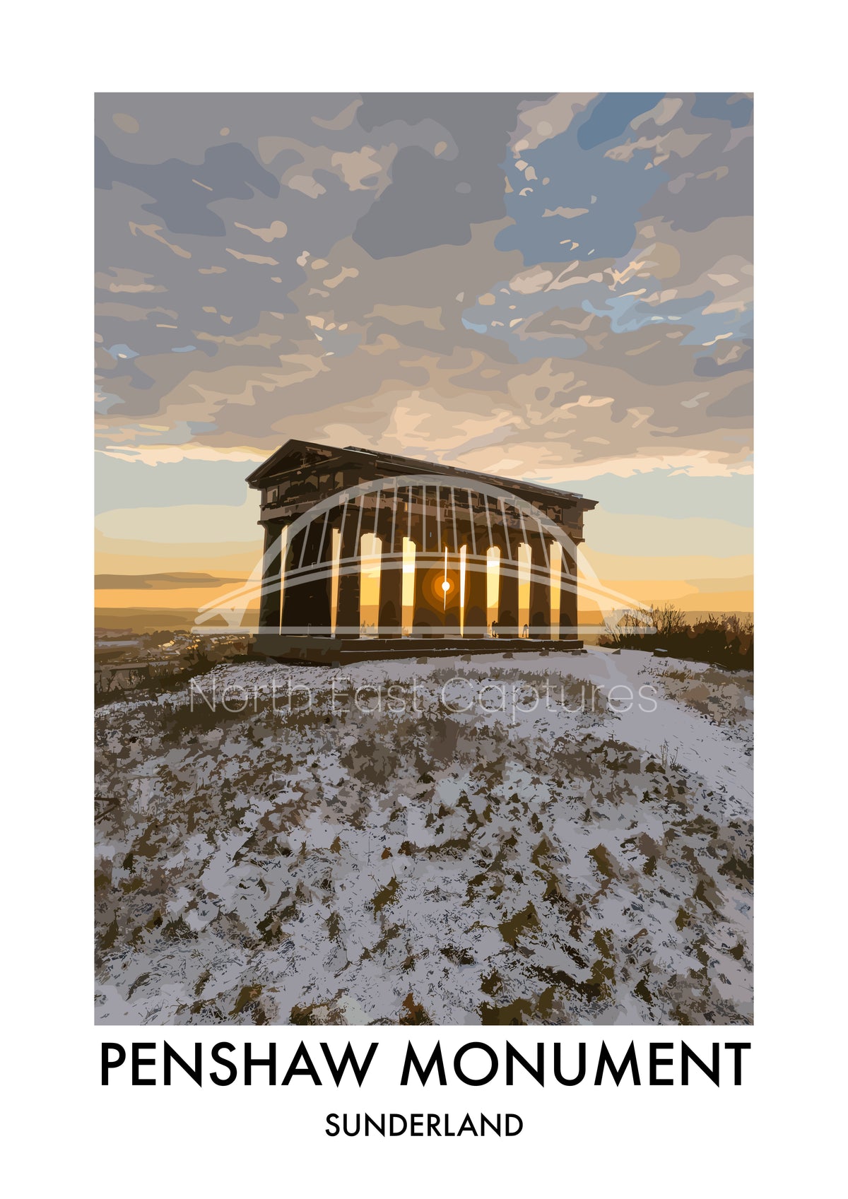 Penshaw Monument Winter Golden Light vector artwork with landmark lettering and preview watermark