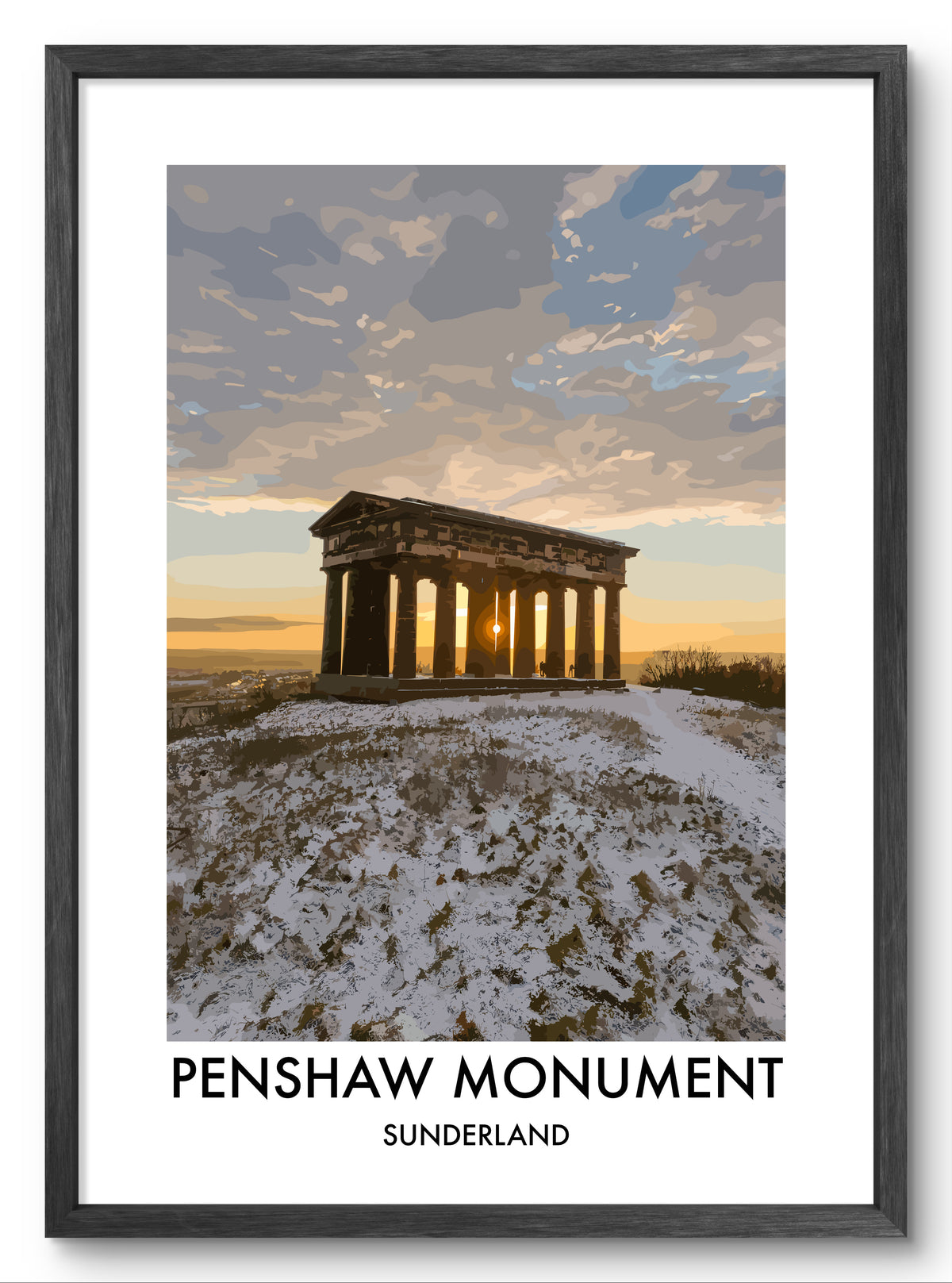 Penshaw Monument Winter Golden Light vector art print shown in a black frame