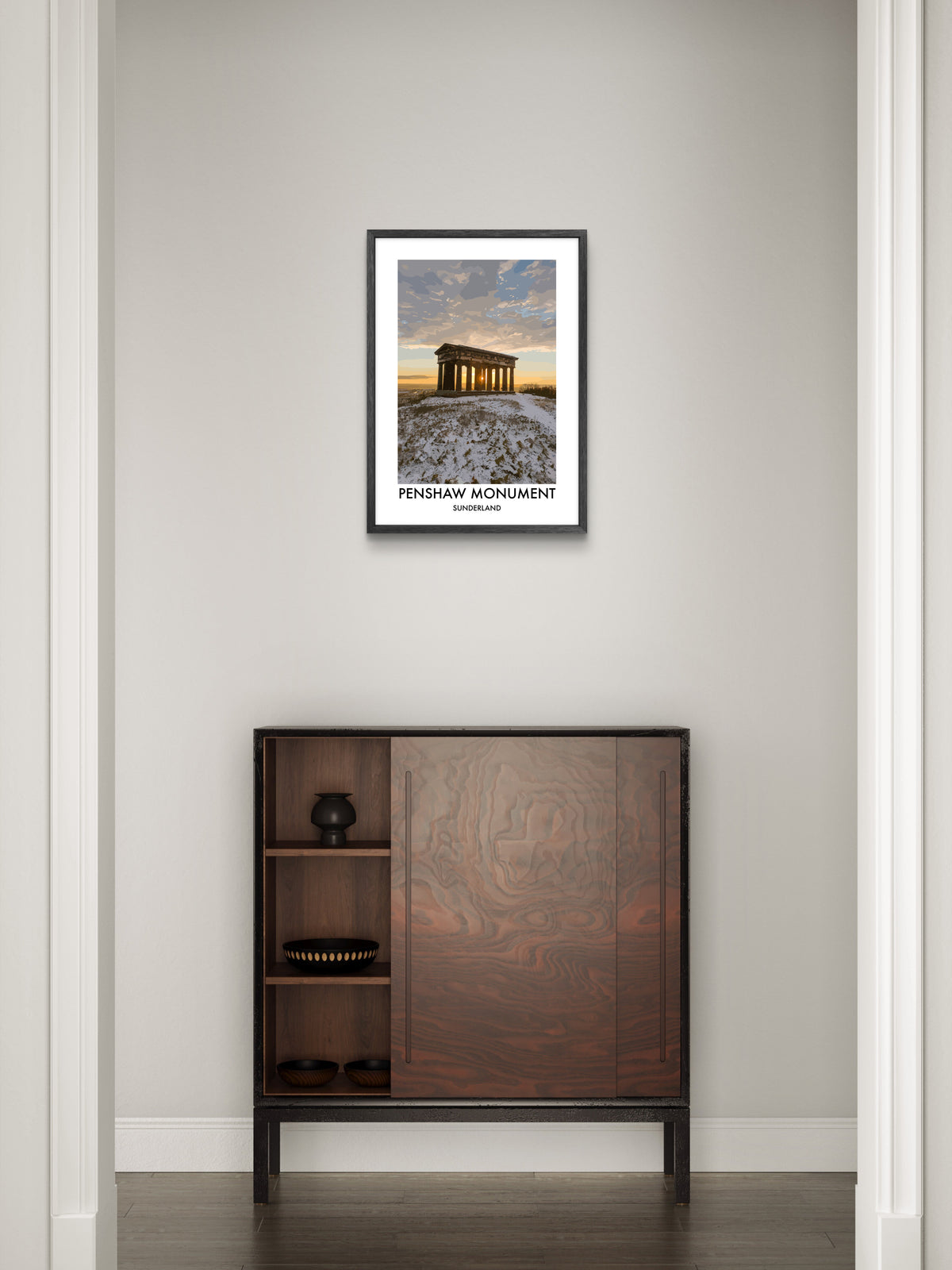 Penshaw Monument Winter Golden Light framed vector art print displayed in a room setting