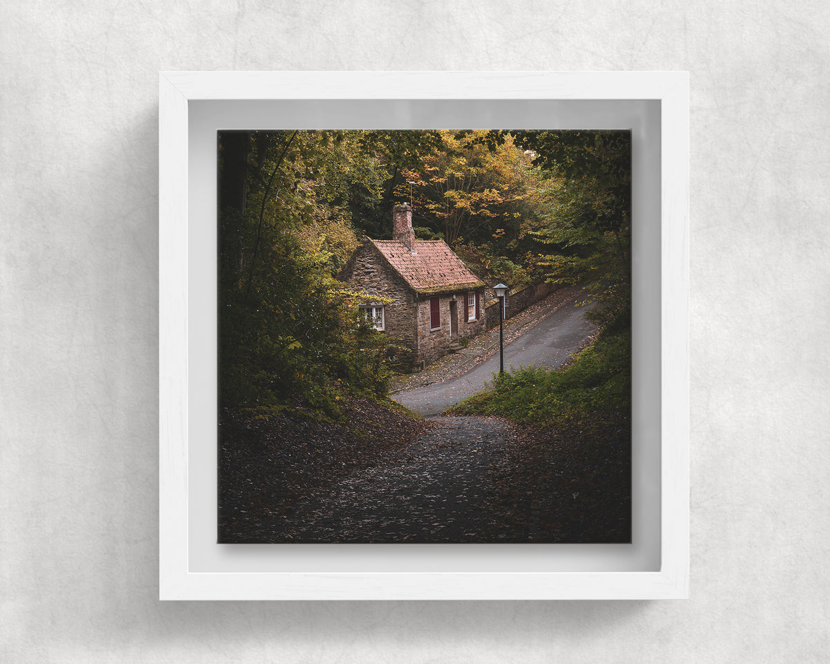 Prebends Cottage Durham on an 8×8 inch ceramic tile in a white box frame, front view