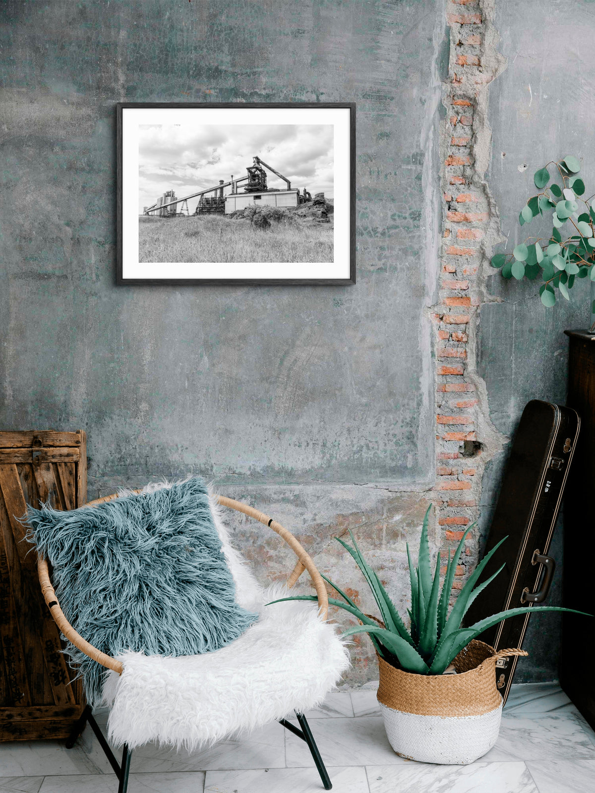Redcar Blast Furnace Black & White — framed artwork shown in a room