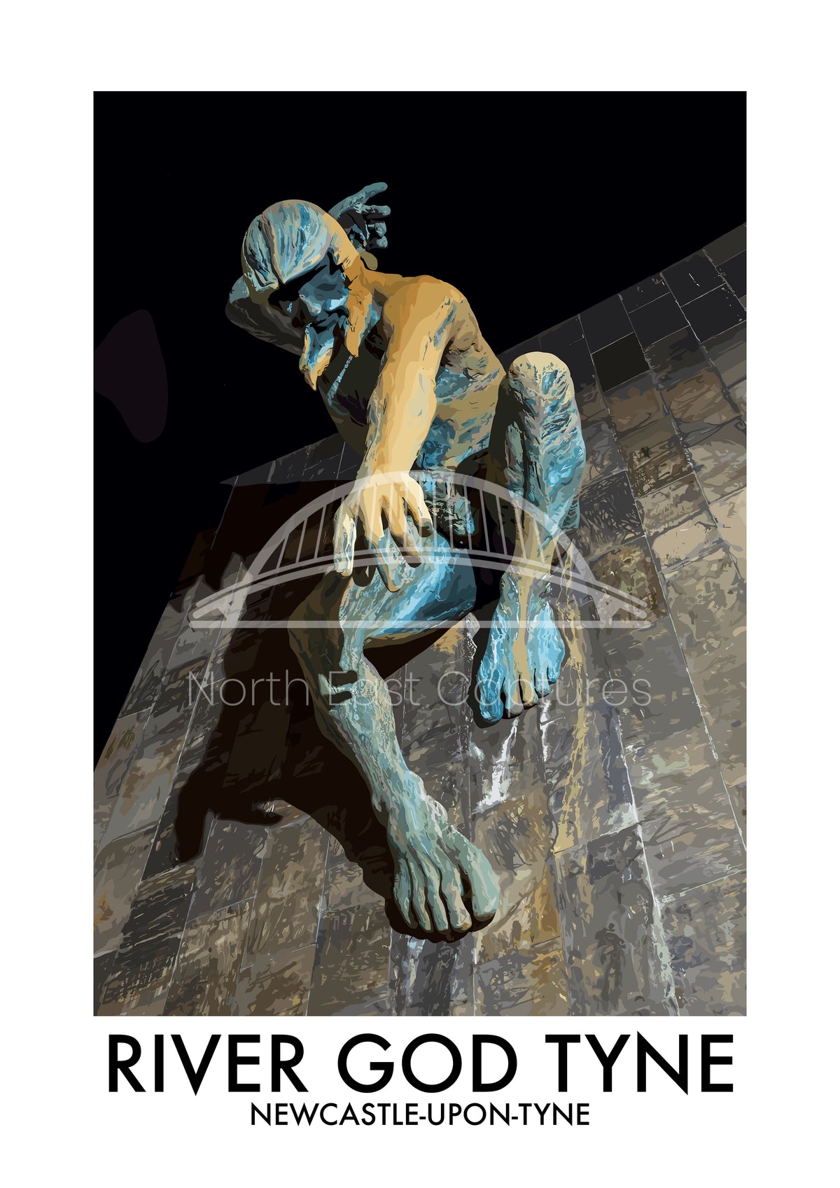 River God Tyne Newcastle at Night vector artwork with landmark lettering and preview watermark
