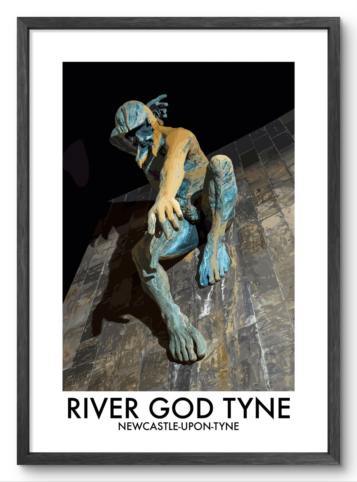 River God Tyne Newcastle at Night vector art print shown in a black frame