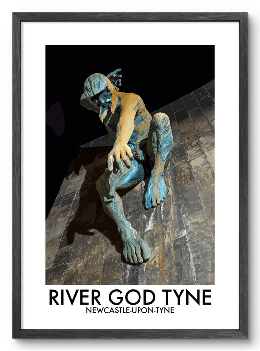 River God Tyne Newcastle at Night vector art print shown in a black frame