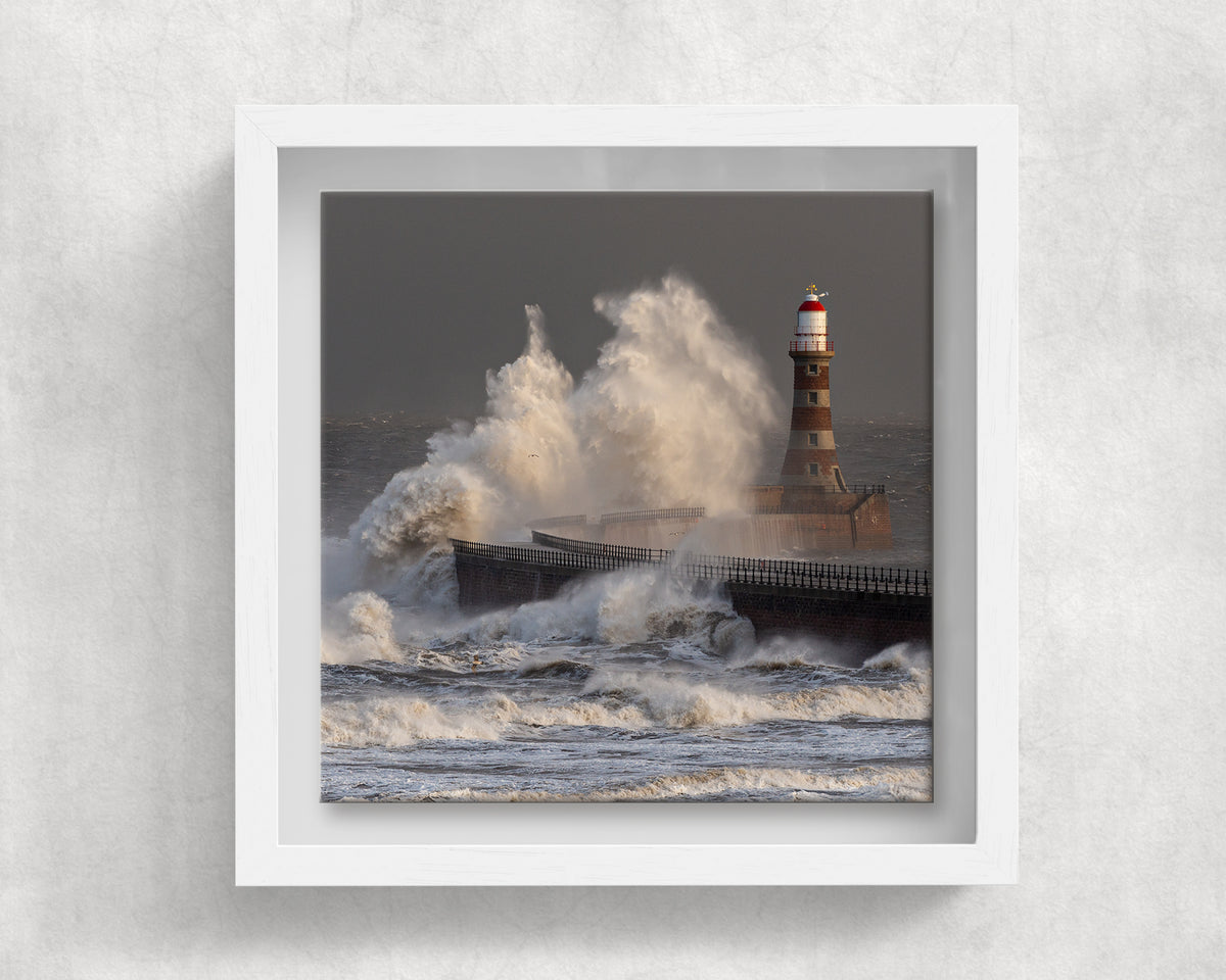 Roker Lighthouse Storm Waves on an 8×8 inch ceramic tile in a white box frame, front view