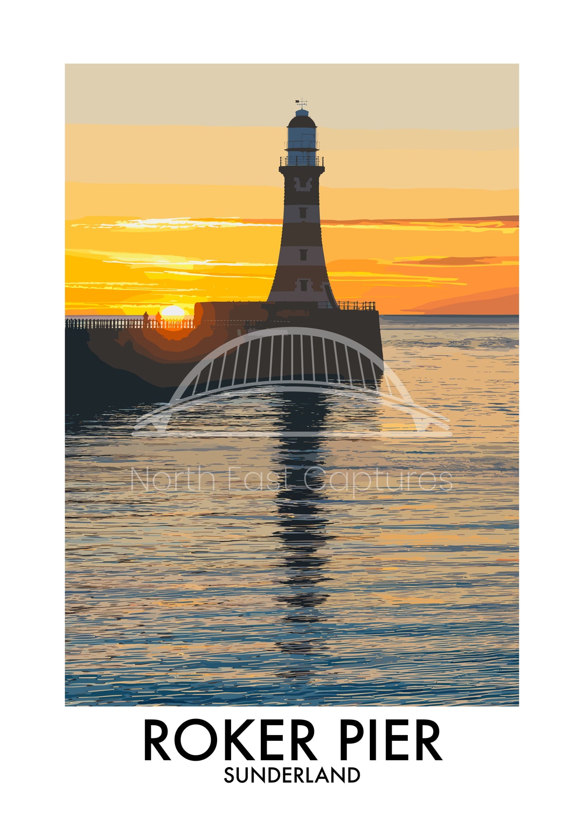 Roker Pier Lighthouse Golden Light vector artwork with landmark lettering and preview watermark