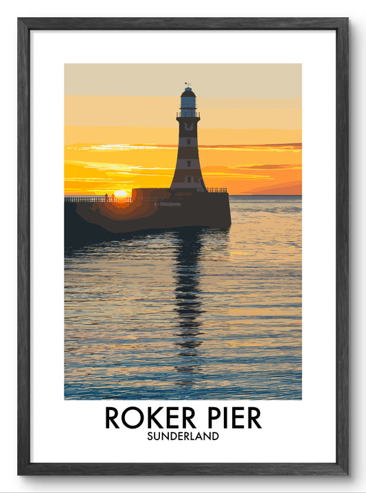 Roker Pier Lighthouse Golden Light vector art print shown in a black frame