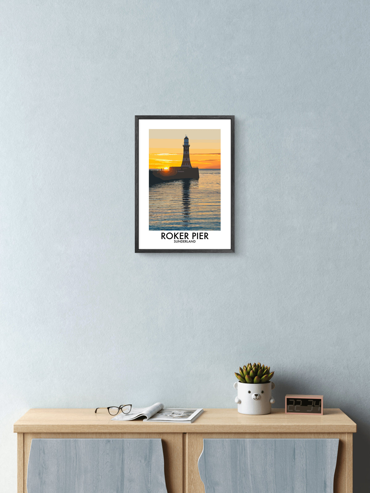 Roker Pier Lighthouse Golden Light framed vector art print displayed in a room setting
