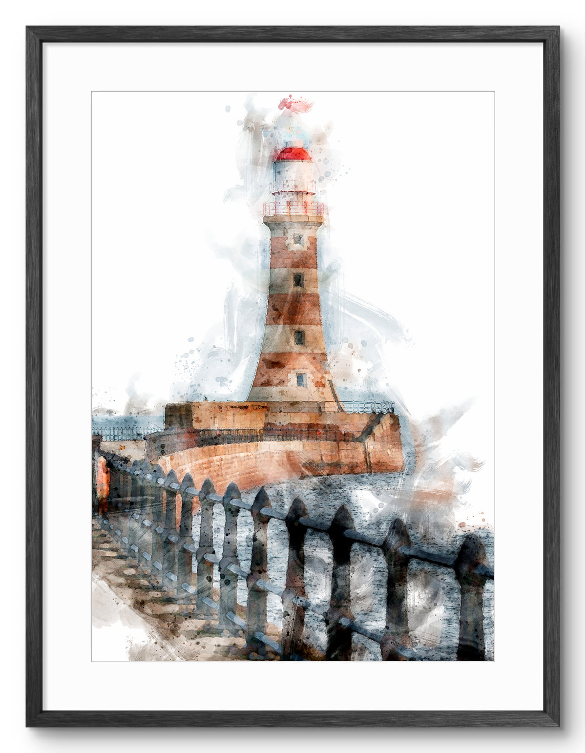 Roker Pier Lighthouse, portrait digital watercolour shown in a black frame and white mount