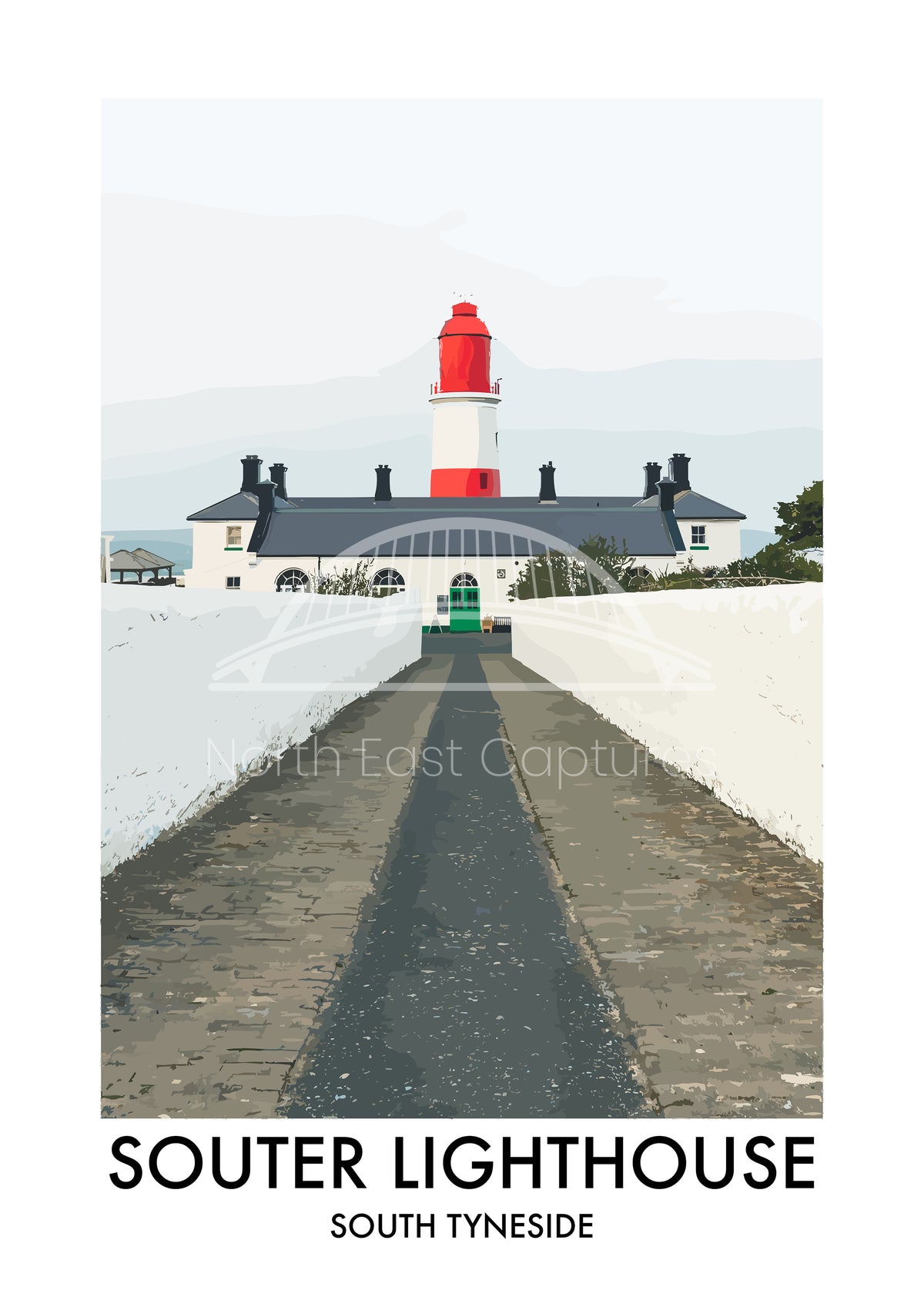 Souter Lighthouse South Tyneside vector artwork with landmark lettering and preview watermark